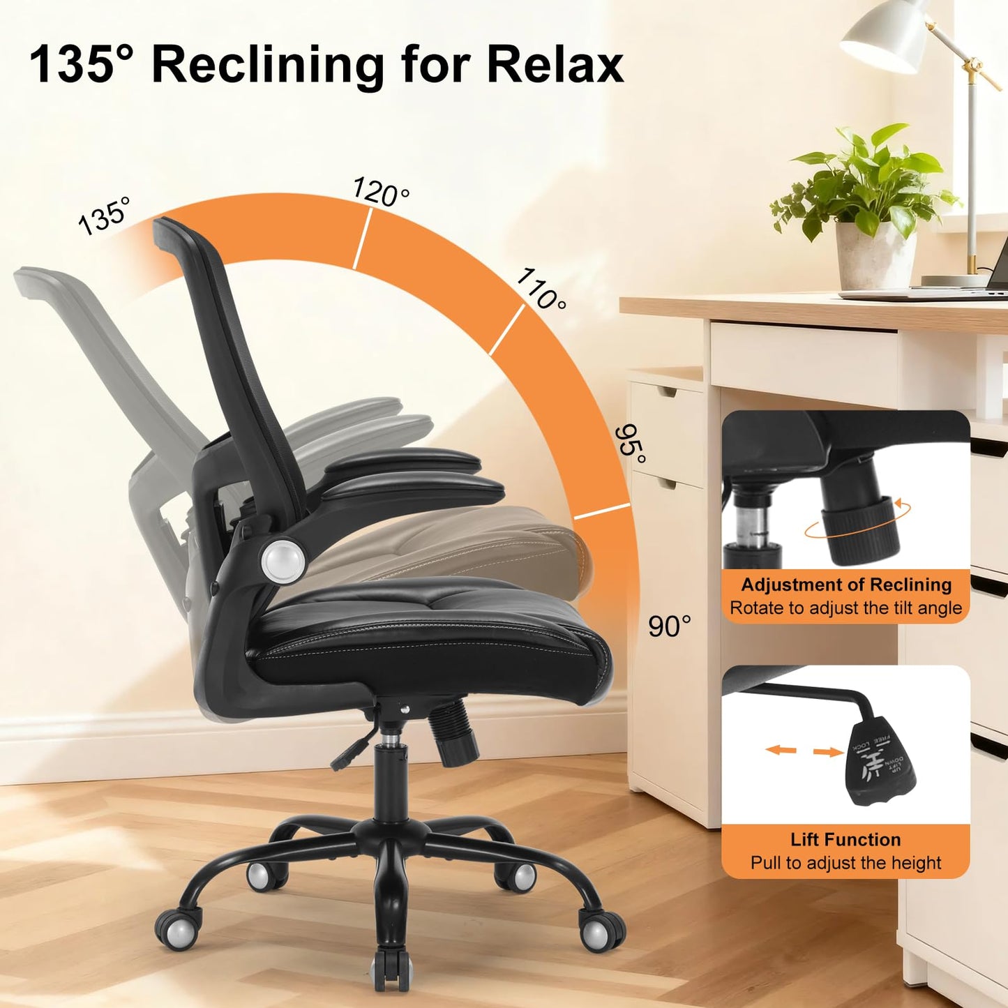 Ergonomic Office Chair, Adjustable Flip-Up Armrest Desk Chair with Lumbar Support, 360° Swivel Breathable Mesh Computer Chair, Adjustable Height Executive High Back Office Chair for Home Office