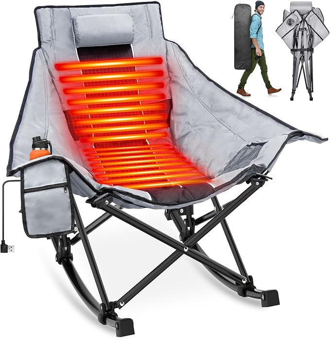 Suteck Heated Rocking Camping Chair, XL Oversized Rocking Chair Outdoor with 3 Heat Levels for Back and Seat, Heated Chair...