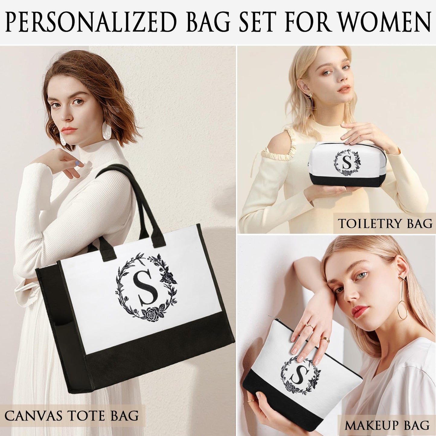 Personalized Mothers Day Gifts for Women, Initial Canvas Tote Bag & Makeup Bag Monogrammed Beach Tote Bag for Women w/Zipper, Birthday Gifts for Women Mom Her Girlfriend Wife Sister Friend Daughter
