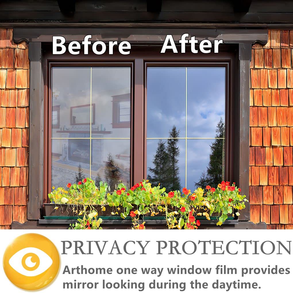 Arthome One Way Window Privacy Film Daytime Privacy Window Tint for Home Anti UV Static Cling Heat Control Reflective Glass Film for Home and Office, 23.6 Inch x 15.1 Feet, Silver