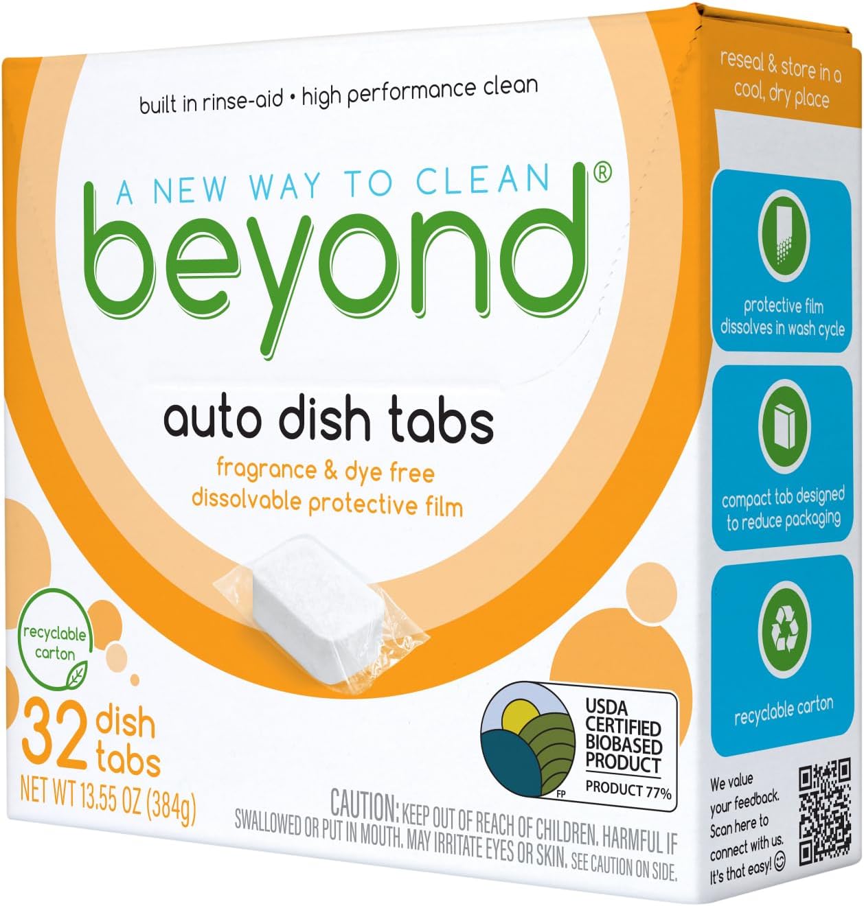 Beyond Natural Dishwasher Tablets [8 Boxs of 32] - Fragrance & Dye Free - Certified Biobased. Powerful. Plant-Based Ingredients