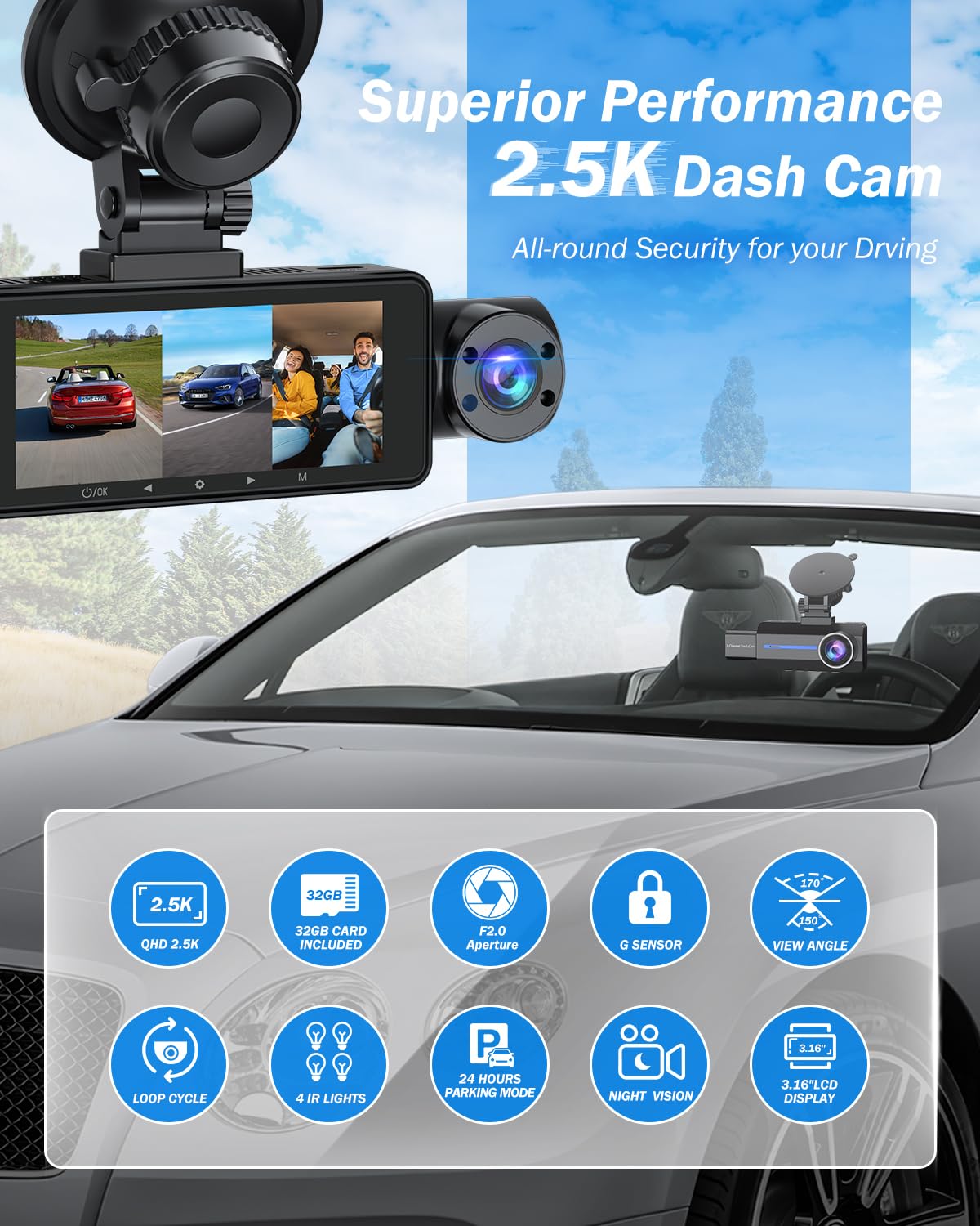 Baeasu Dash Cam Front And Rear 2.5K/1440P, 3 Channel Dash Camera For Cars Dash Cam Front Rear And Inside With 32Gb Card, 3.16  I