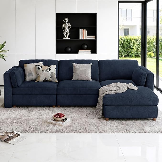 CUGOAO 118'' Modular Sectional Sofa, Oversized L-Shaped Sectional Couch with Ottoman, Deep Seat Chenille Cloud Couch, Mordern Upholstered Couches for Living Room, Apartment, Office, Blue