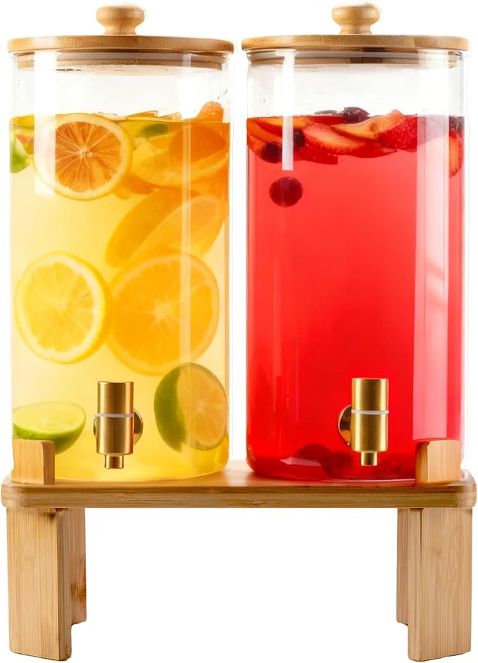 1.5 Gallon 2 Pack Glass Drink dispenser,Beverage Dispenser for parties supplies With Wood Stand,Water Dispensers with spig...