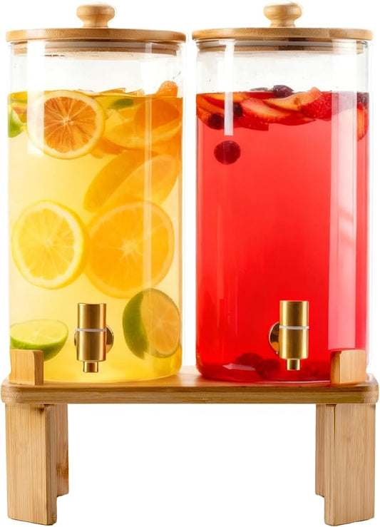 1.5 Gallon 2 Pack Glass Drink dispenser,Beverage Dispenser for parties supplies With Wood Stand,Water Dispensers with spig...