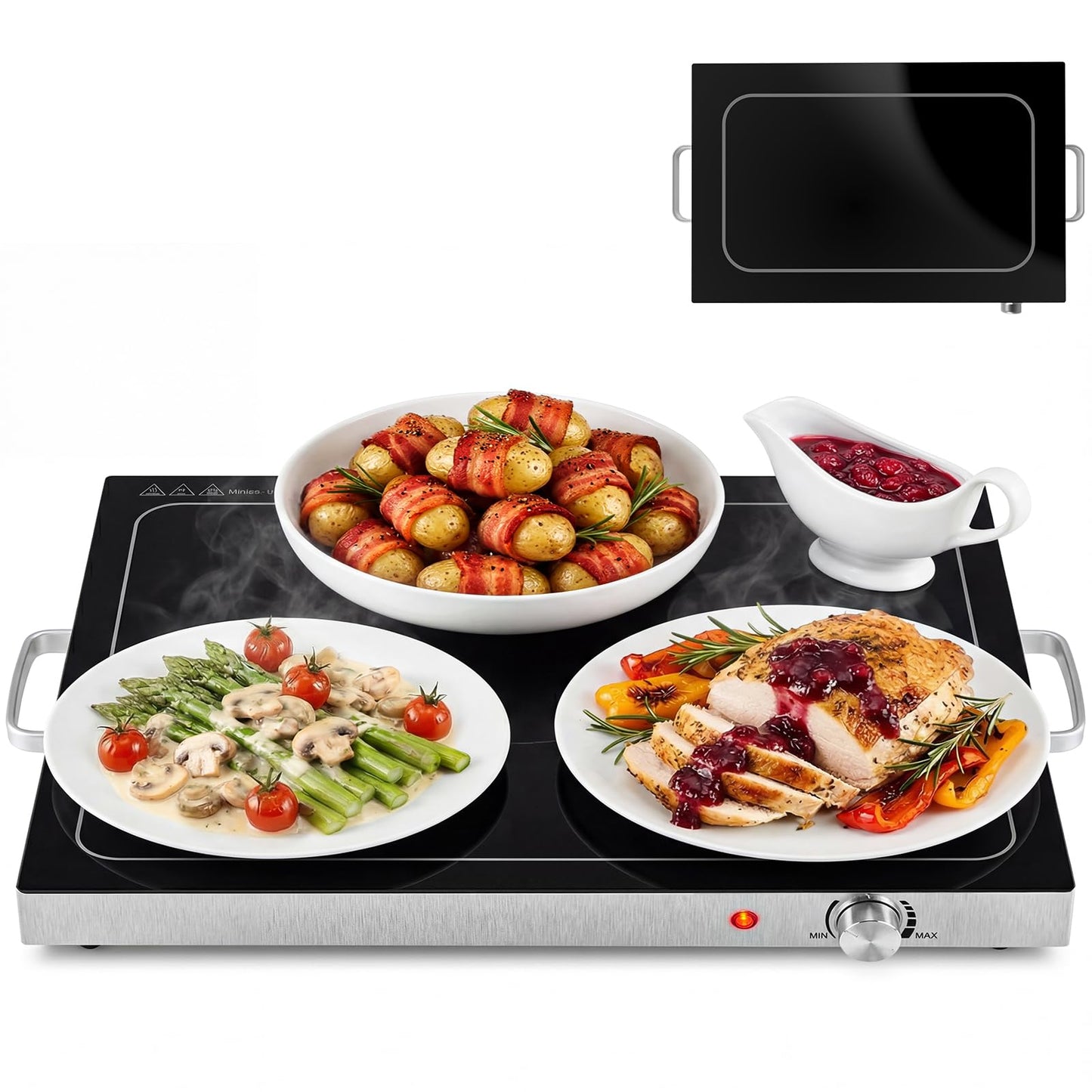 OLIXIS Warming Trays for Buffets Party, Electric Warming Tray with Adjustable Temperature Control, Large 25" x 15" Full Glass-Top Food Warmer for Party Buffet, Wedding, Holiday and Home Dining, Black