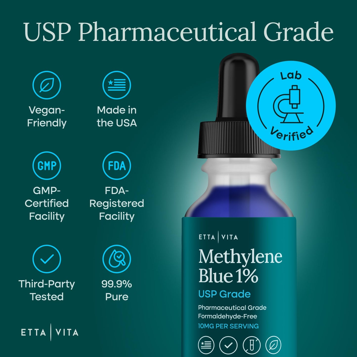 Methylene Blue Drops - USP Pharmaceutical Grade 99.99% Pure 1% Solution for Energy, Focus, Clarity, Cognition & Cellular Support - 3rd Party Tested, Formaldehyde-Free, Made in USA, 2oz Tincture