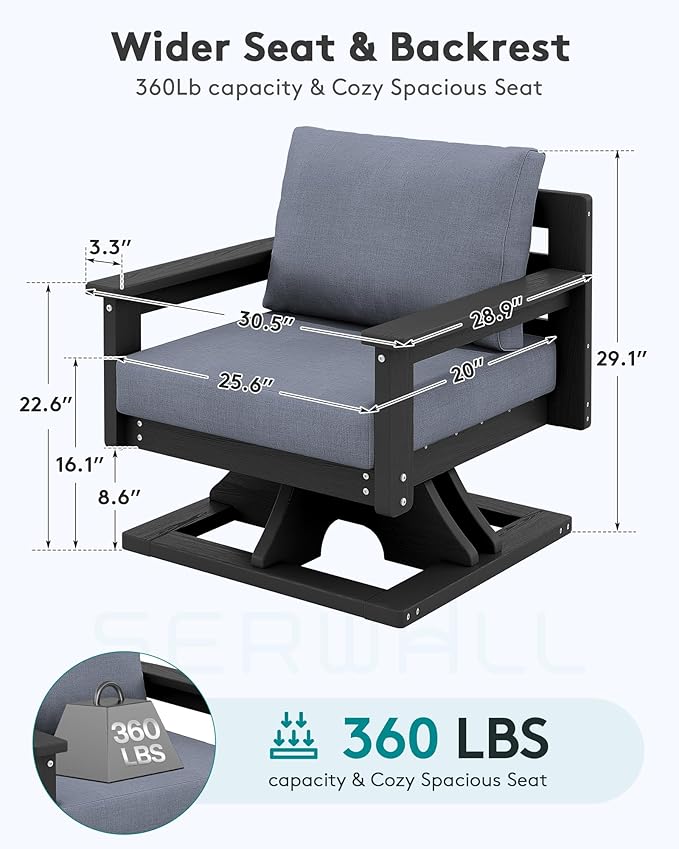 SERWALL Outdoor Swivel Chairs Set of 2, HDPE All-Weather Patio Swivel Sofas with Thick Cushions for Porch, Balcony, Black Frame with Gray Cushions