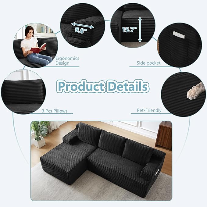 96" Cloud Sectional Couch with L-Shape Chaise, Modern Corduroy Boneless Couch for Living Room,Memory Foam Sofa with Deep Seat,No Assembly Required (Black,Left-Facing Chaise)