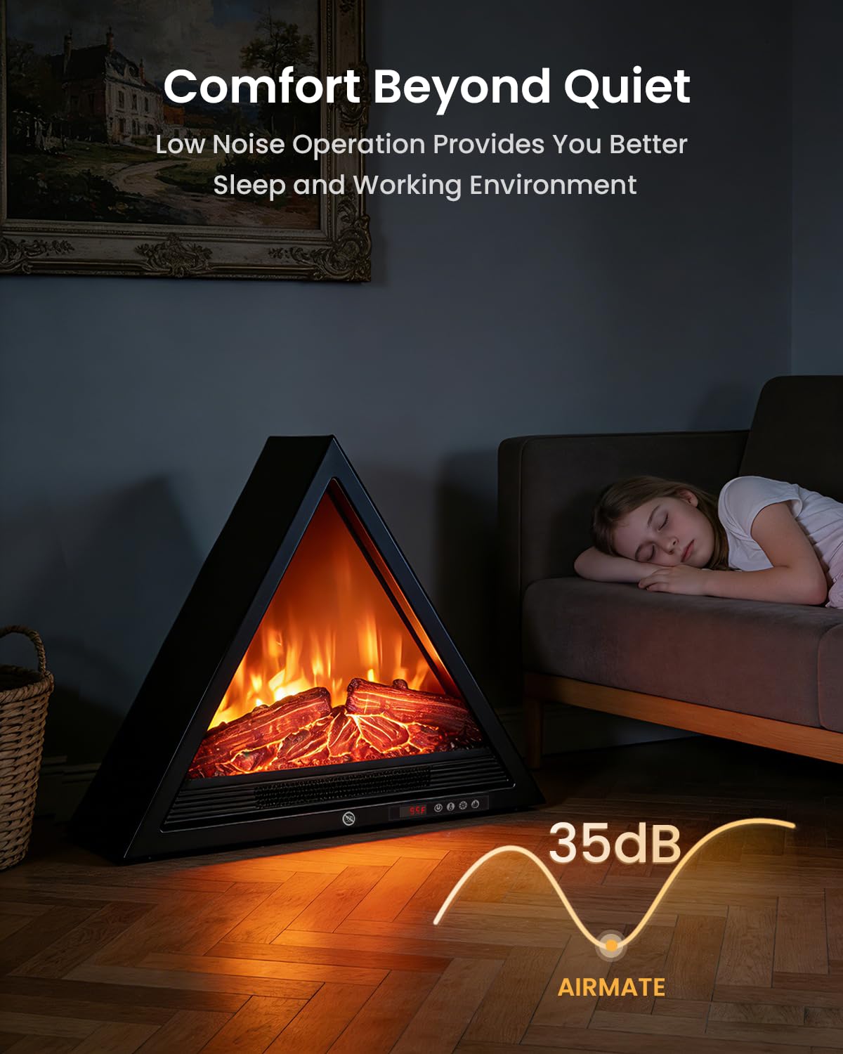 AIRMATE 22in Electric Fireplace Heater, 1500W Triangular Electric Fireplace Insert Logs 24H Timer, Adjustable LED Light & Flame Colors Remote Overheat Protection Fire Places Fireplace