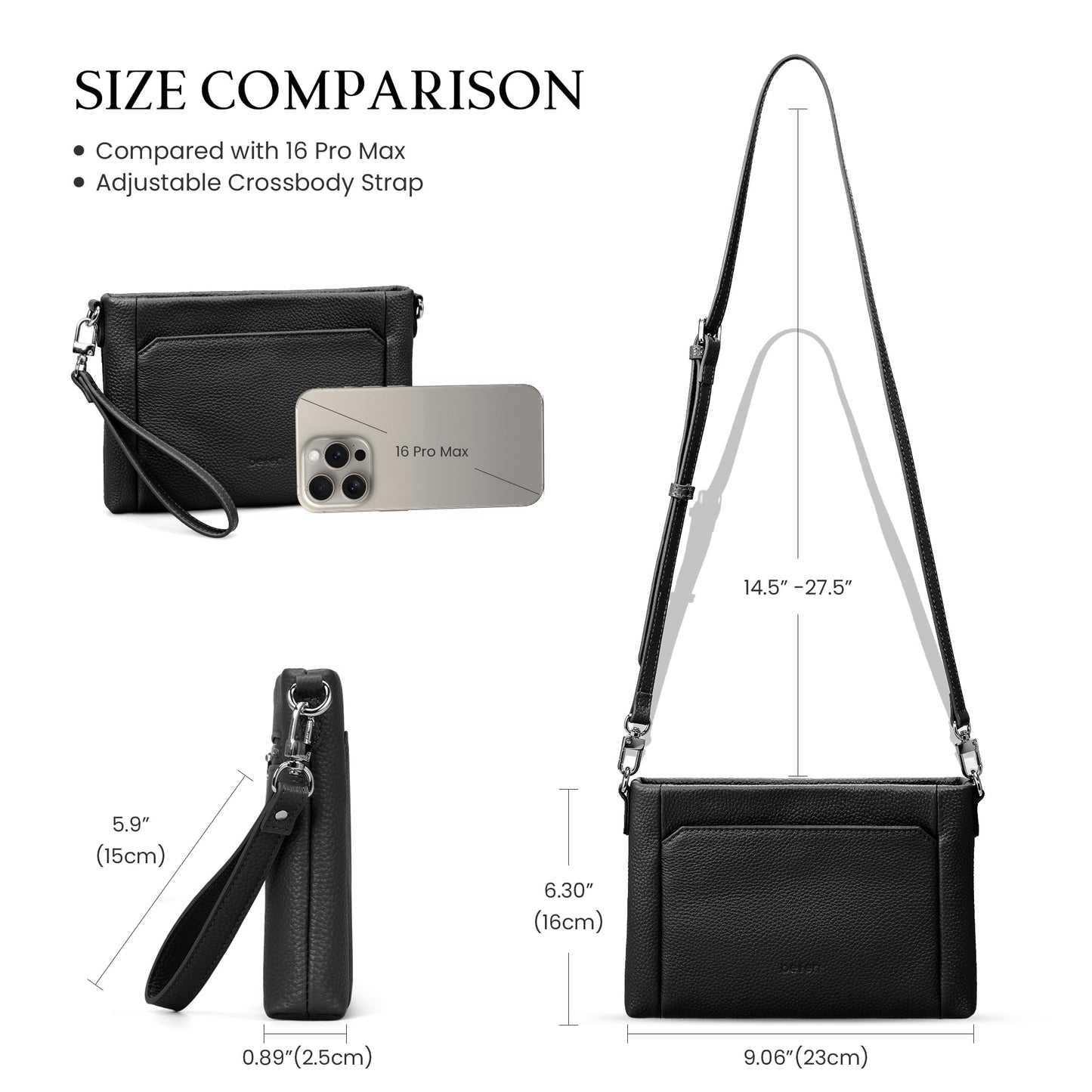 befen Genuine Leather Wristlet Wallets for Women Black Clutch Purse RFID Blocking Small Crossbody Bags Soft Real Leather Purse Trendy Wrist Wallet Travel Women Shoulder Handbag with 2 Removable Straps