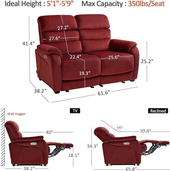 MCombo 61.6'' Wall Hugger Power Loveseat Recliner, Reclining Loveseat with Adjustable Headrest, USB Charge Ports, Wood Legs for Living Room, RVs, Small Spaces, Fabric ST258M1 (Loveseat, Burgundy)