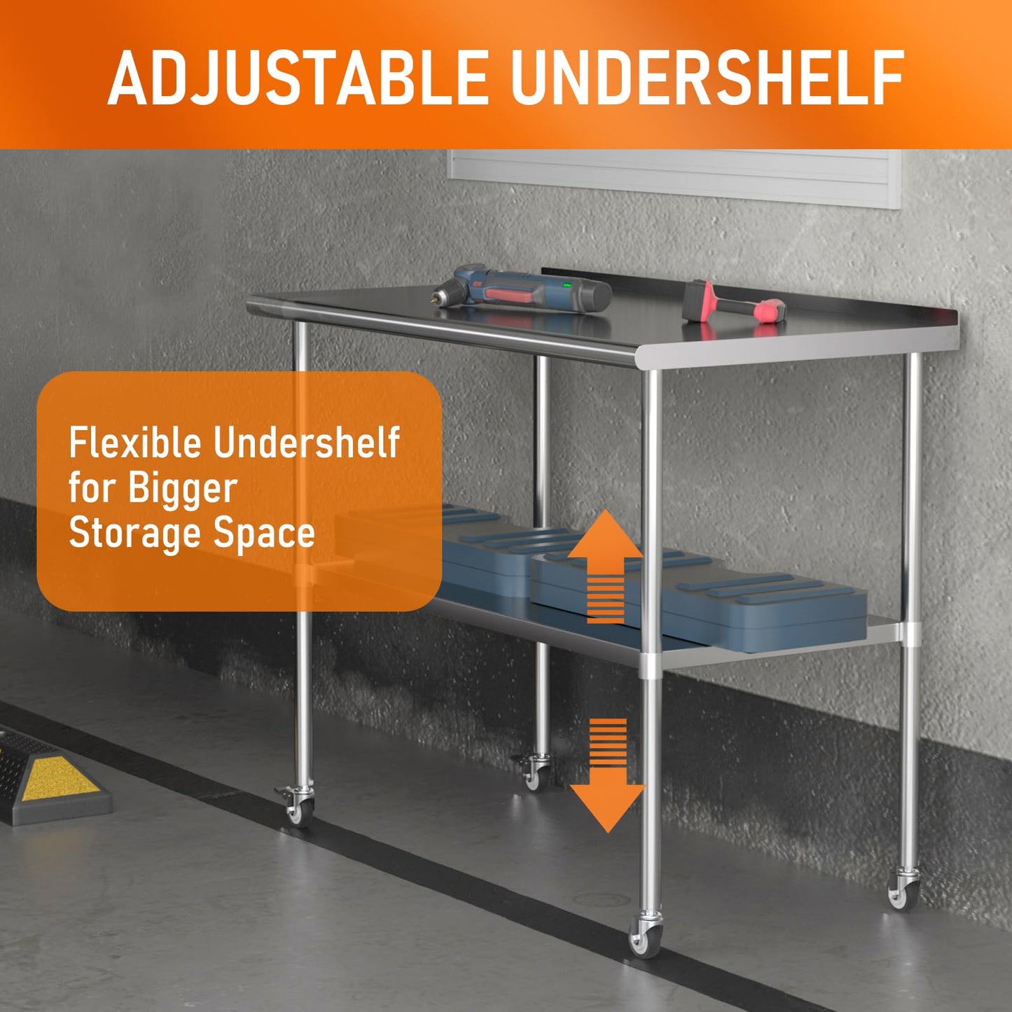 HOCCOT Stainless Steel Prep Table 30" X 48" with Adjustable Undershelf, Backsplash and Wheels, Commercial Metal Workstations for Kitchen, Garage, Outdoor BBQ