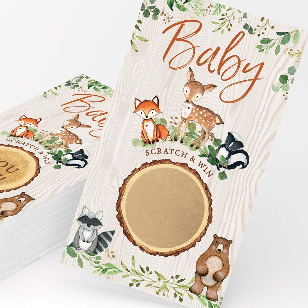 Printed Party Baby Shower Game – Woodland Scratch Off Cards for Boy or Girl, Forest Animal Theme, 30 Cards & Stickers