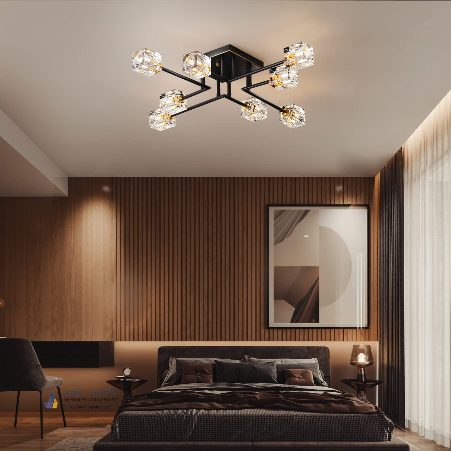 OKES 8-Lights Semi Flush Mount Ceiling Light Fixture,Black and Gold Modern Crystal Chandeliers,Farmhouse Lighting Fixtures for Dining Room Living Room Kitchen Bedroom Entryway