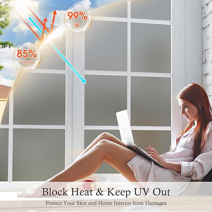 Coavas Window Privacy Film Frosted Glass Static Cling UV Sun Blocking Heat Control Window Tint Day and Night Insulation Home Bathroom Door Decorative Frosting Cover, 23.6 x 118.1 Inch, Gray