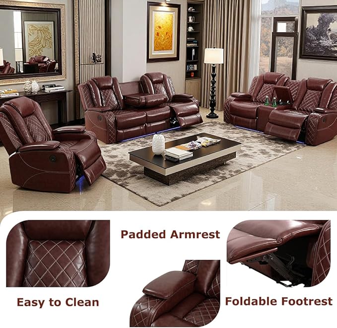 Toseslo Power Recliner Sofa Set, Brown Leather 3 Pieces Sectional Couch, Living Room Furniture Sets with LED Light, Modern Power Reclining Sets with Storage Console/Cup Holder for Living Room
