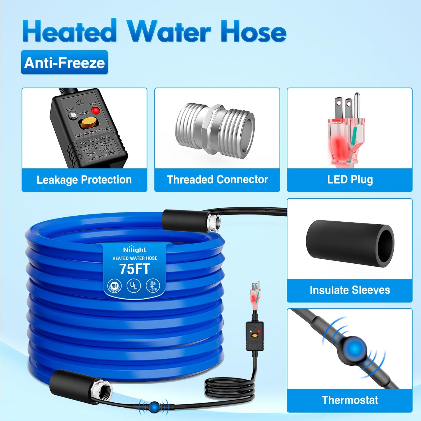 Nilight 75FT Heated Water Hose RV 5/8”Inside Diameter -45°F Freeze Protaction Antifreeze Garden Drinking Hoses with Saving Thermostat and Smart Heat System for Winter Camper Supply Accessories