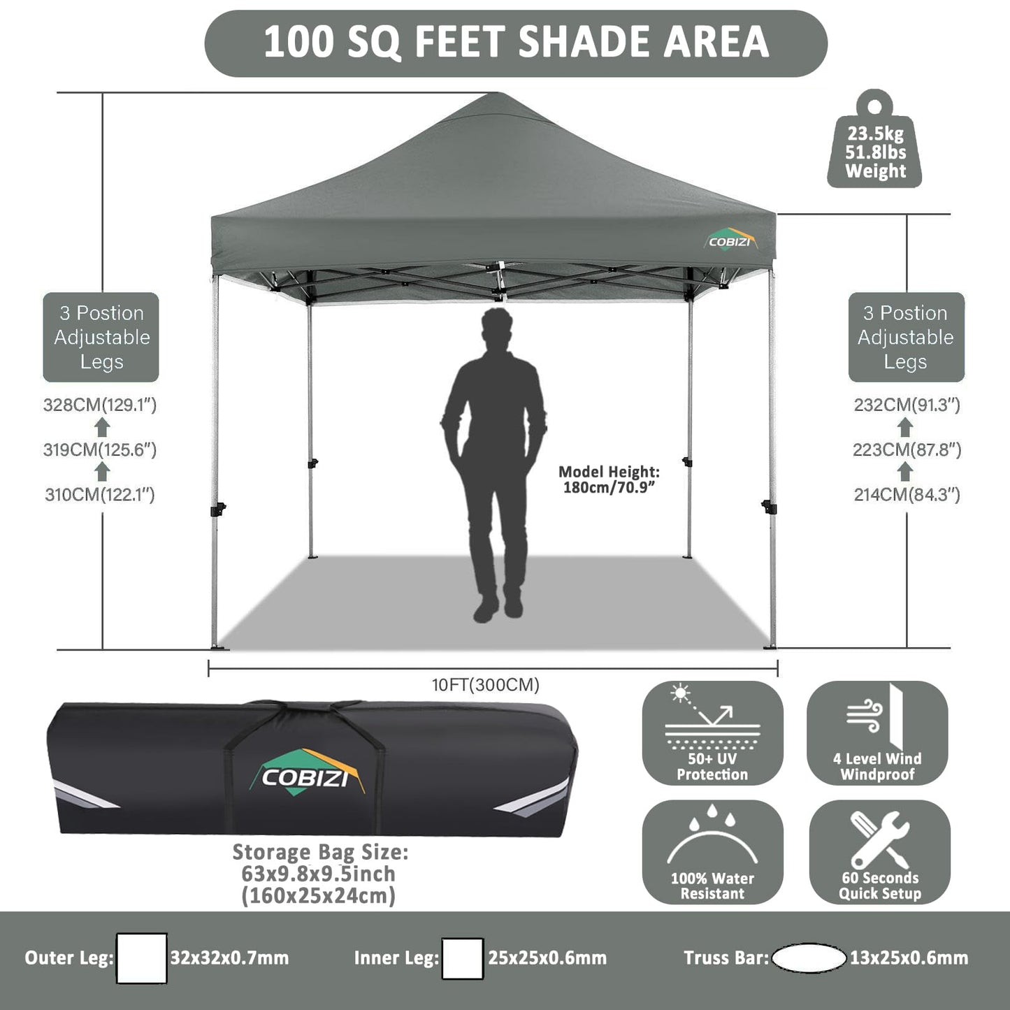 COBIZI 10x10 Pop Up Canopy Without Sidewall,Heavy Duty Canopy UPF 50+ All Season Wind Waterproof Commercial Outdoor Wedding Party Tents for Parties Canopy Gazebo with Carry Bag(10 x 10 ft Gray)