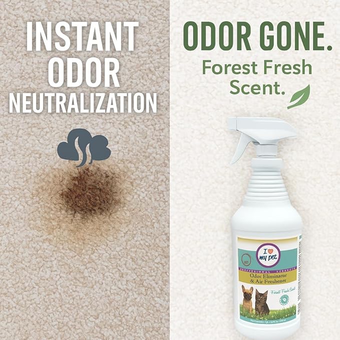 I Love My Pet Odor Eliminator Spray for Home - Instant Neutralizer for Dog and Cat Urine, Carpet, Furniture & Couch Safe, 32oz Forest Fresh Scent - Strongest Enzyme Cleaner for Pet Smell