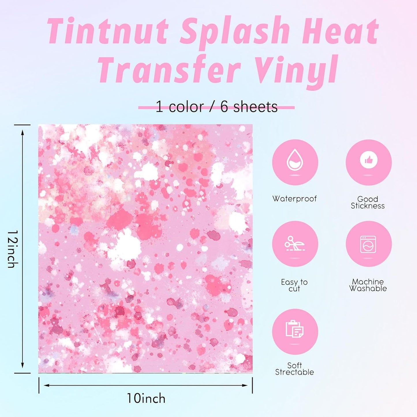 Tintnut Pink White Splash Heat Transfer Vinyl - 6 Sheets 10"x12"Watercolor HTV Patterned HTV Iron On Vinyl for T-Shirts Hats Clothes,for Cricut & Silhouette Cameo