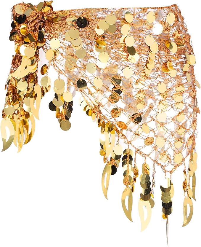 MECCANIXITY Women's Belly Dance Hip Scarf with Sequins Triangle Wrap Skirts Waist Chain