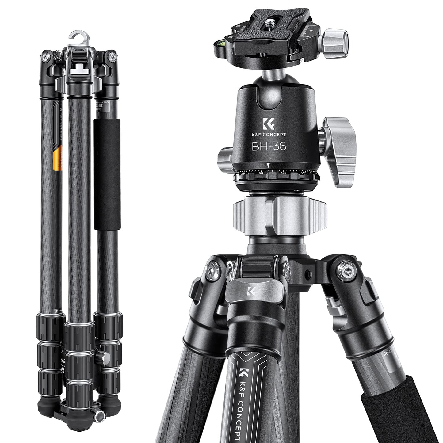 K&F CONCEPT X-Series 68" Carbon Fiber Camera Tripod,Professional Photography Tripod with 36mm Metal Ball Head Load Capacity 35.2lbs for Indoor Outdoor Use X284C4+BH-36