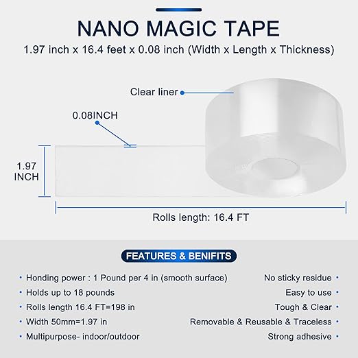 Double-Sided Tape Heavy Duty 16.5 FT x 1.18 in – Clear Removable Mounting Tape for Walls, Carpet, Rugs, Posters – Reusable, No-Residue, Indoor/Outdoor Nano Gel Grip