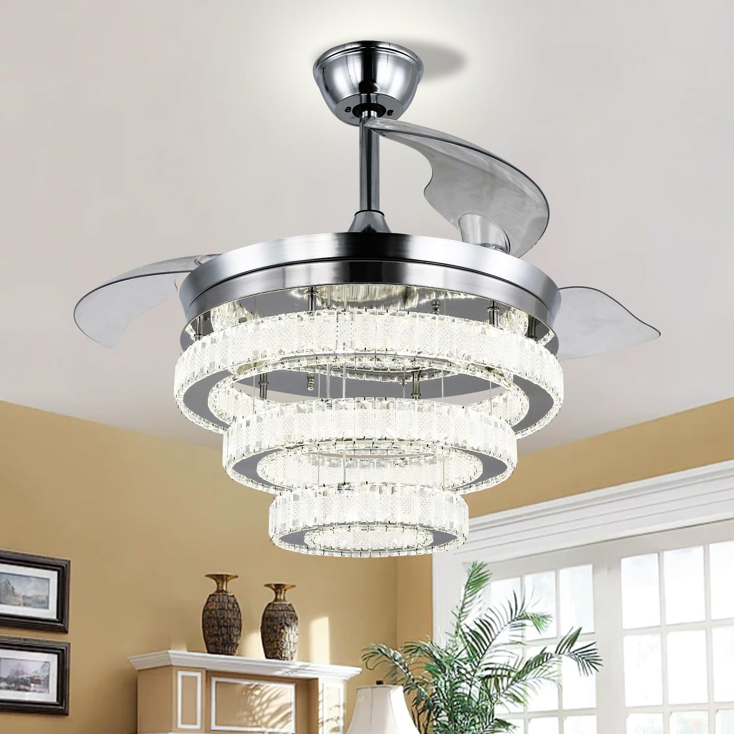 FRIXCHUR 42 Inch Crystal Chandelier Ceiling Fans with Lights Dimmable LED Fandeliers Silver Ceiling Fan with Light and Remote