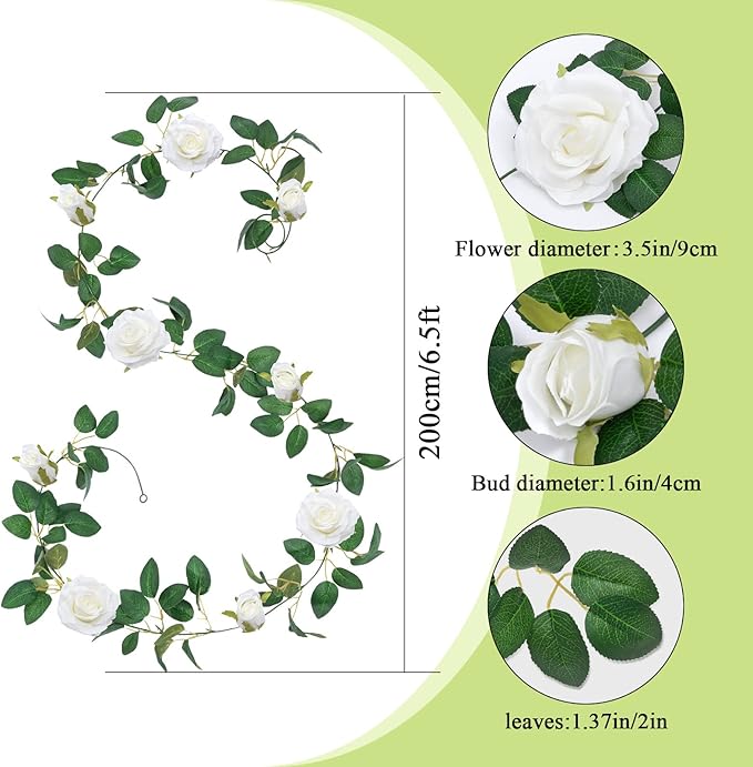 U'Artlines 5 Pack Artificial White Rose Vines Floral Garlands Total 32.5 Ft Fake Vine Silk Flower Garland for Indoor Outdoor Home Wedding Arch Garden Wall Decoration