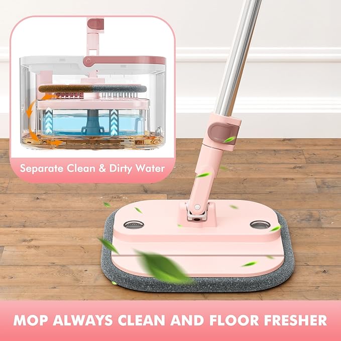 Upgraded Self-Standing Spin Mop and Bucket System, Detachable Inner Mop Bucket Separates Dirty Water & 90° Foldable Head, Triple-Scrub System, 0.9Gal Dual Drainage, for Hardwood Floors (Pink 6 Pads)