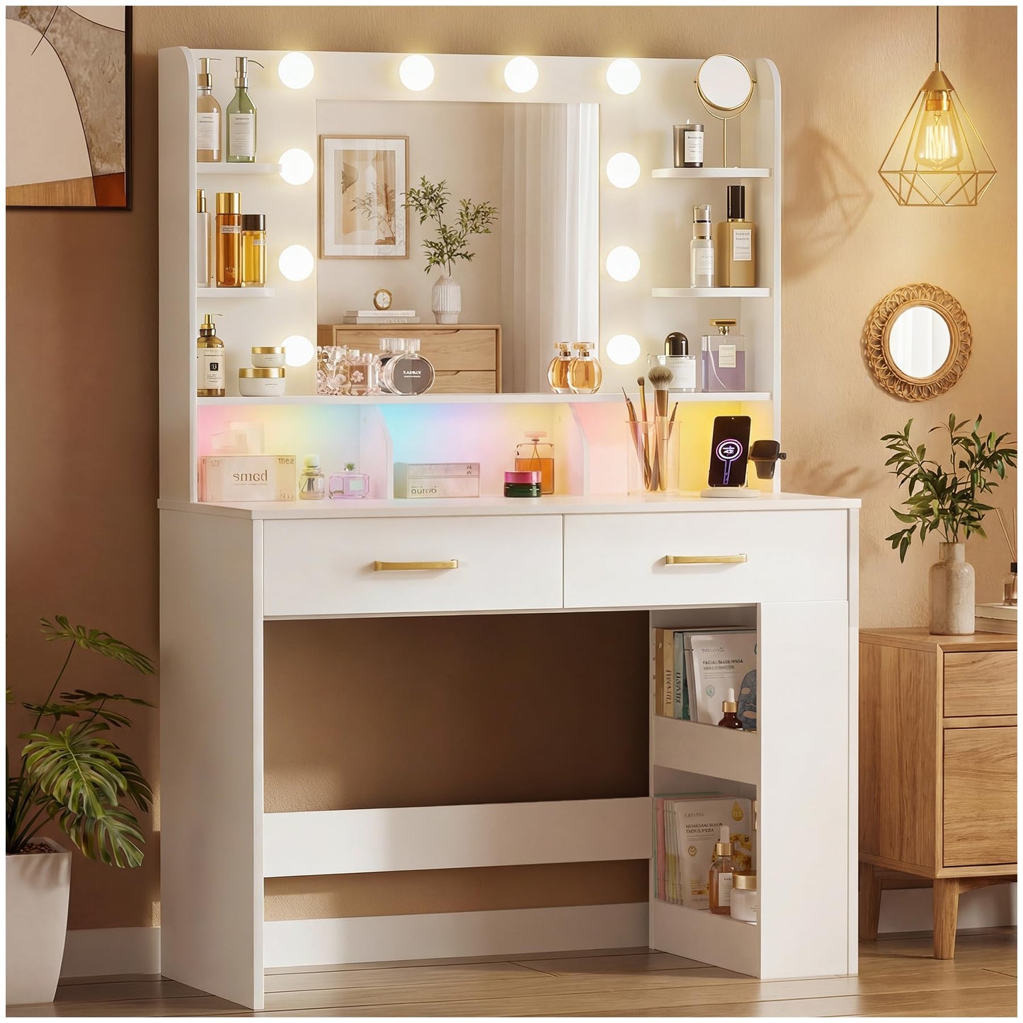 LUCKRACER Vanity Desk with LED Lights Mirror & Charging Station, Makeup Vanity with Storage Drawers and Shelves, Modern Dressing Table for Women Girls Bedroom, Ivory White