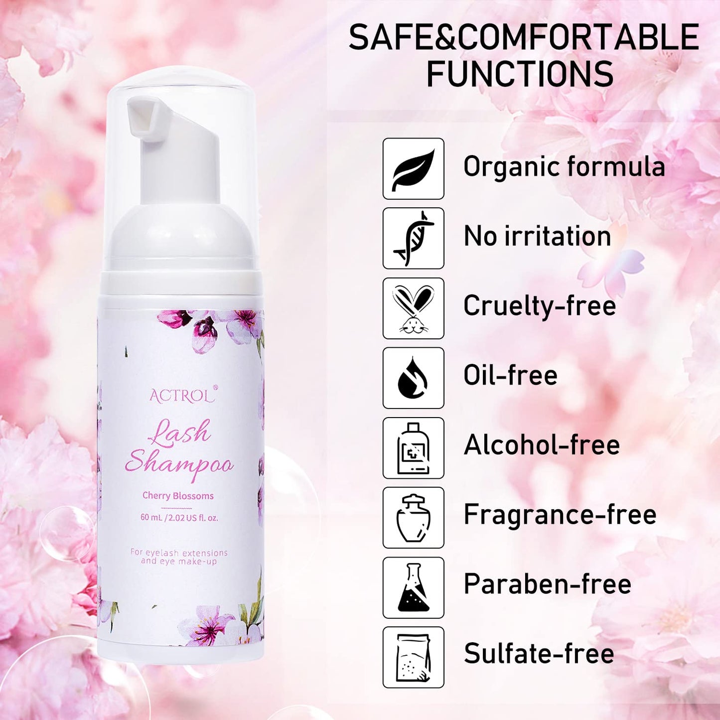 ACTROL Eyelash Extension Cleanser 60ML Natural Lash Extension Shampoo Cherry Blossom Professional Eyelid Foaming Cleanser Parabe