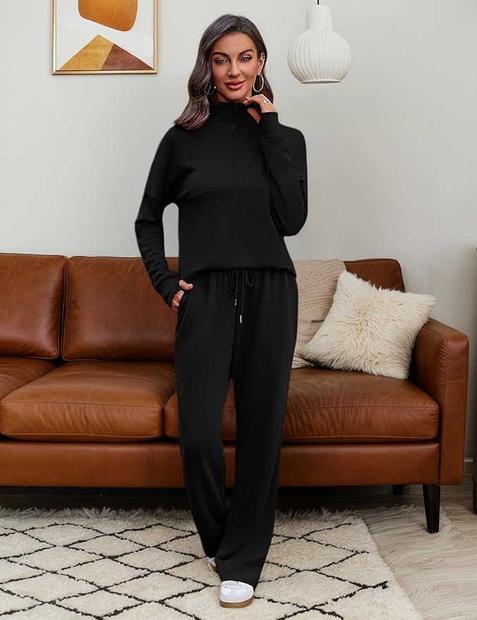 Totatuit Womens Sweatsuits 2 piece Set Lapel Half Zip Lightweight Sweatshirts and Wide Leg Pants Tracksuit Lounge Sets