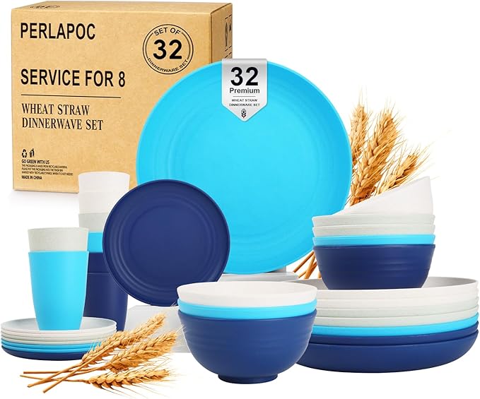 Perlapoc Wheat Straw Dinnerware Sets of 32, Unbreakable Plates and Bowls Sets Service for 8, Dinner Plate/Dessert Plate/Bo...