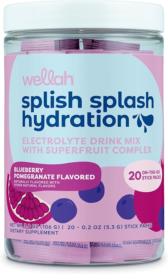 Wellah Splish Splash Hydration (Blueberry Pomegranate) 20 Stick Packs - Electrolyte Drink Mix with Superfruit Complex