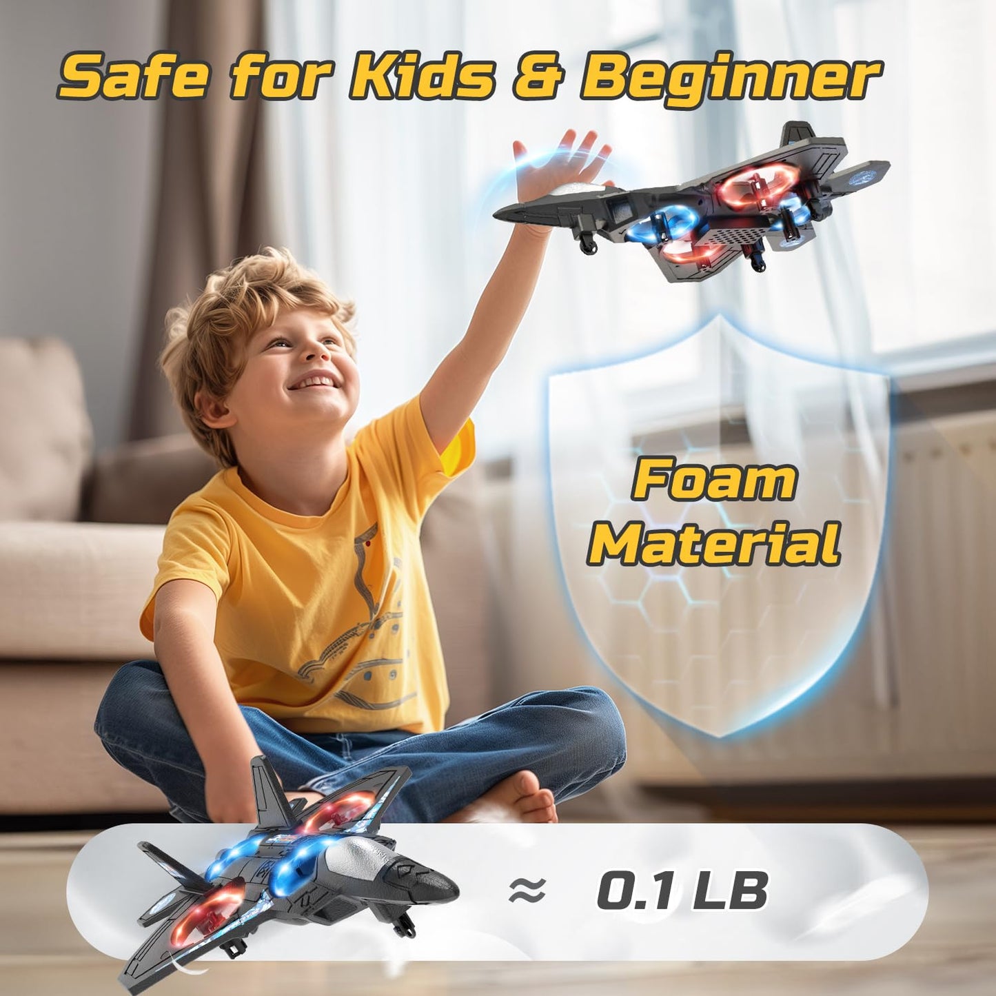 Foam RC Plane Drone for Kids, Remote Control Airplane Fighter Jet with LED Light, Auto Hover, 360°Flip, 2 Batteries (16 Mins Flight), Easy to Fly for Beginners