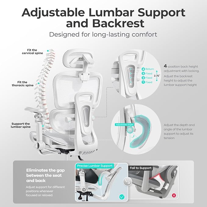 Morkprism Ergonomic Office Chair with 9D Arms,Adjustable Seat Depth,3D Lumbar Support,135° Recline,3D Headrest & Footrest,Mesh Computer Desk Chair for Home & Executive Office Grey White