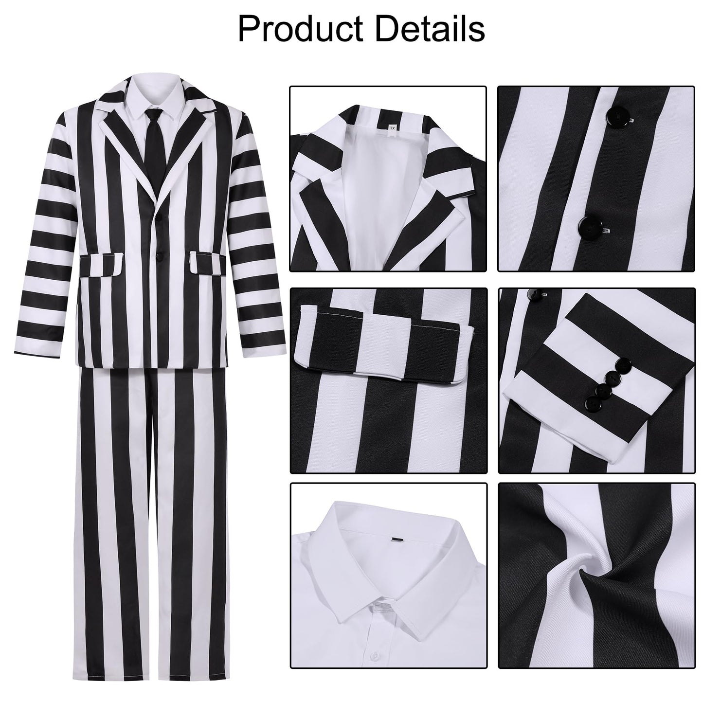 DIYLN Adult Black and White Striped Suit Men 80s Horror Comedy Character Cosplay Outfit Scary Halloween Costumes with Shirt Tie Wig Makeup Kit DY040XXL