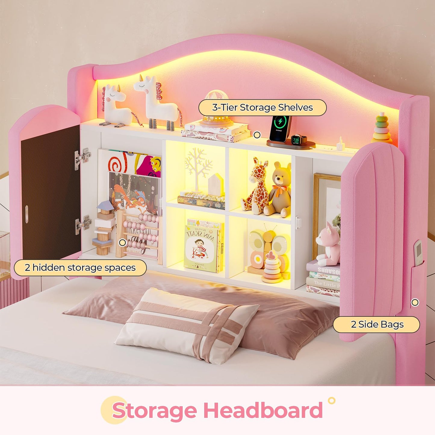 BTHFST Twin Girl Bed with LED Lights & Charging Station, Upholstered Storage Headboard Platform Twin Size Princess Bed Frame, No Box Spring Needed/Noise-Free/Easy Assembly, Pink