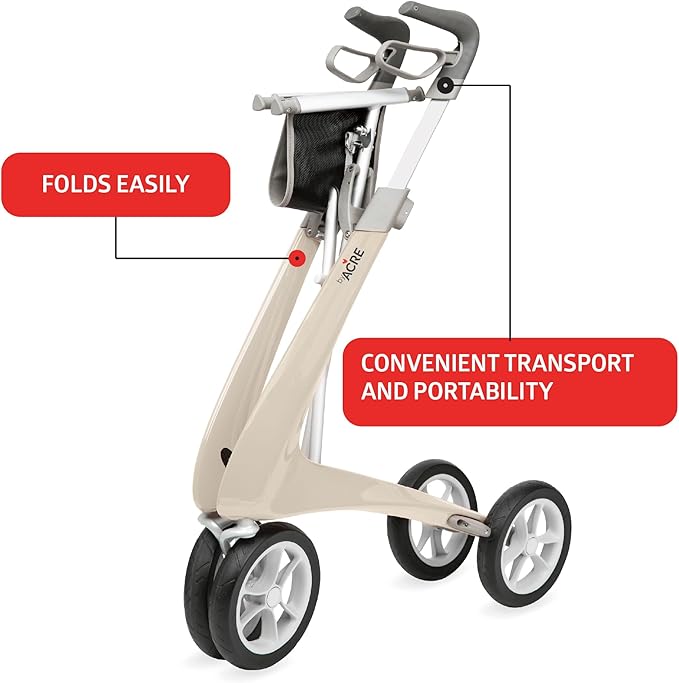 byACRE Carbon Ultralight Rollator Walker with Organizer Bag, Regular Track, 16.5" x 24" Seat (W x H), Oyster White