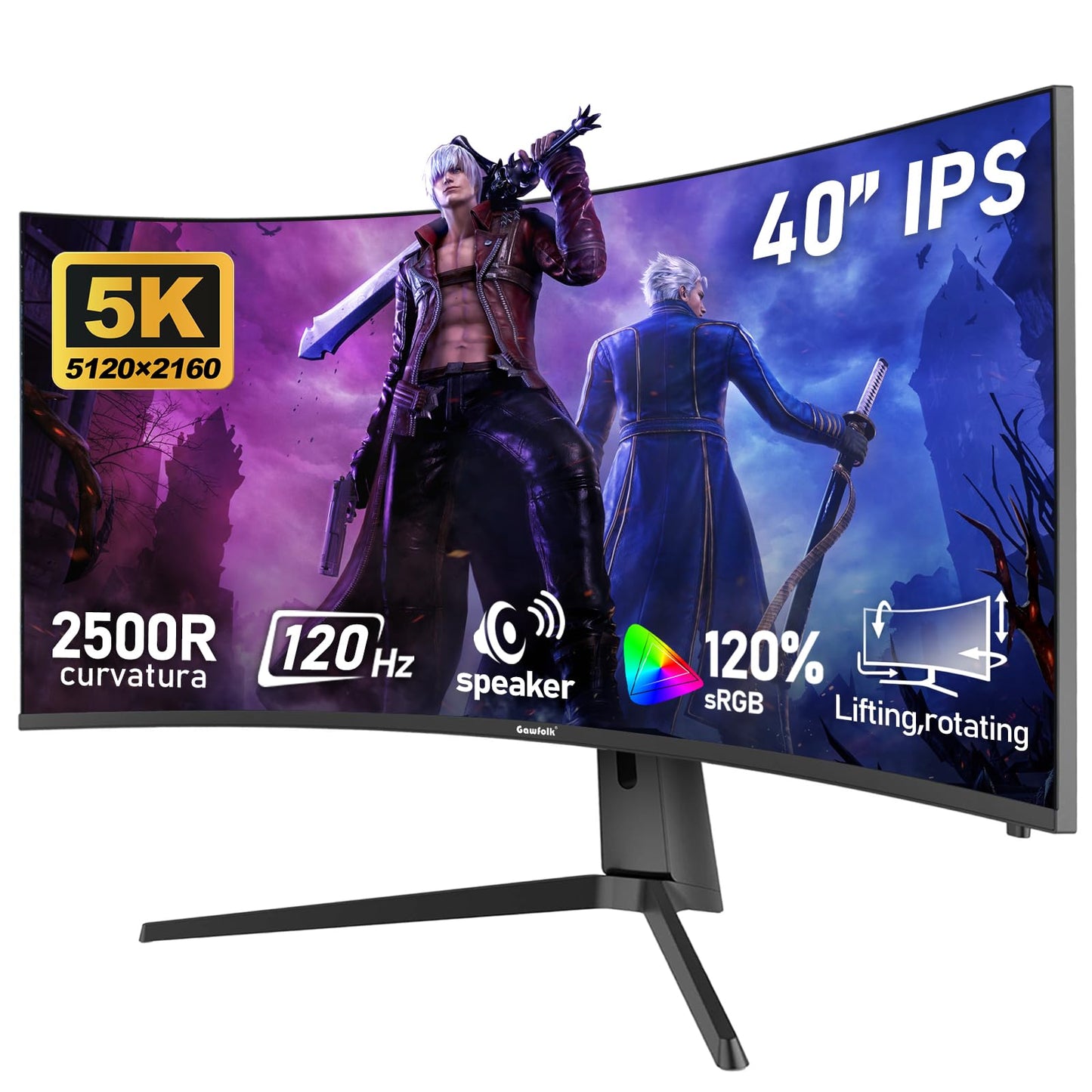 Gawfolk 40-inch IPS WUHD 5K (5120x2160) Ultrawide Curved 120Hz Gaming Computer Monitor, 2500R PC Screen, 21:9, 120% sRGB, Adapti
