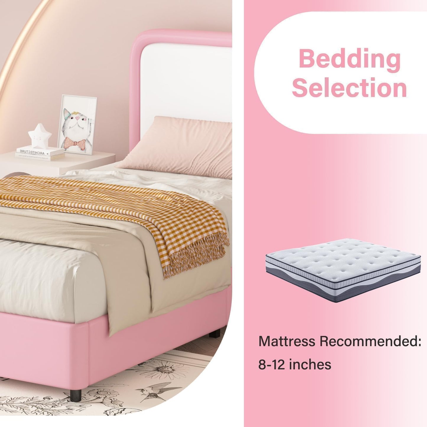 Twin Bed Frame with Headboard, Bed Frame Twin Size with Wood Slats Support, No Box Spring Needed, Easy Assembly, Pink