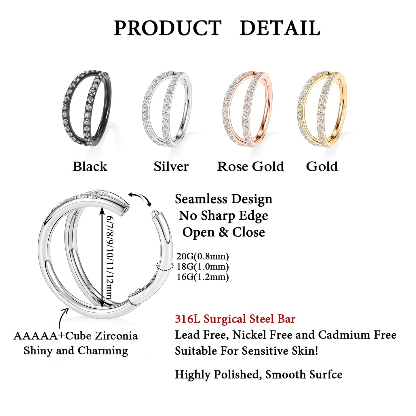 FUNLMO Septum Ring Double Hoop Nose Ring Conch Helix Daith Rook Piercing Jewelry Tragus Jewelry Surgical Steel Diamond Conch Hoo