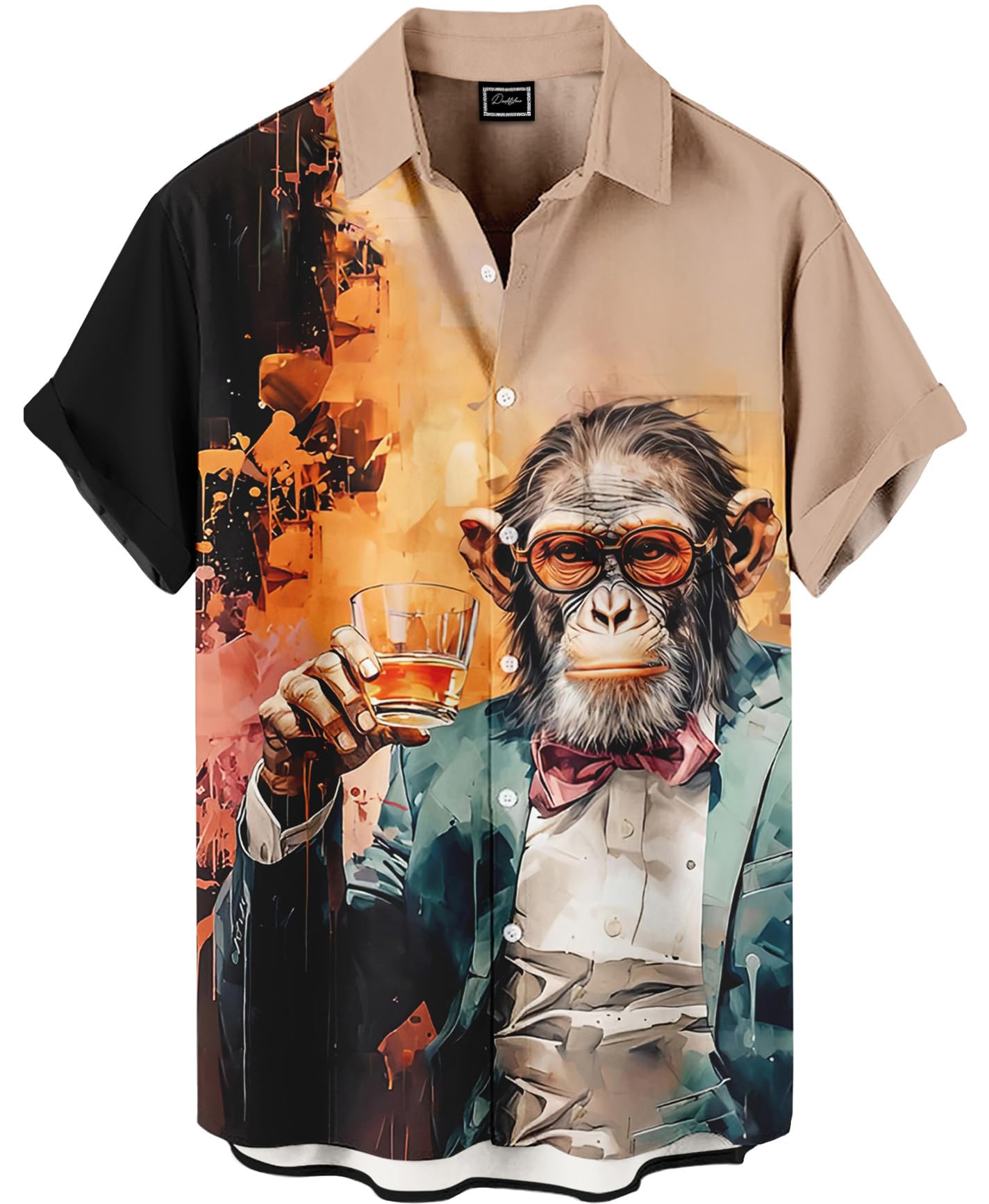 Men's Hawaiian Button Down Shirt, Monkey Print Design, Short Sleeve Regular Fit, Black and Brown