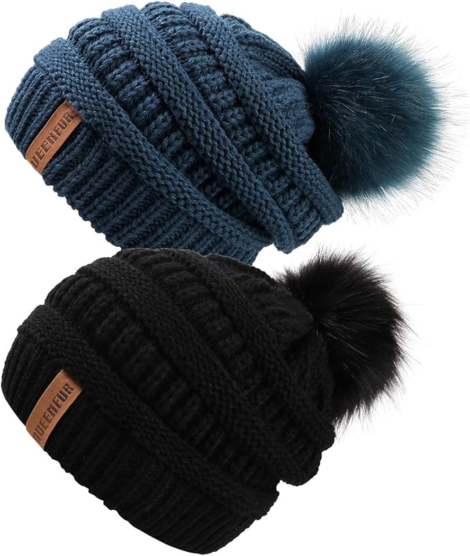 QUEENFUR Women Knit Slouchy Beanie Chunky Baggy Hat with Faux Fur Pompom Winter Soft Warm Ski Cap