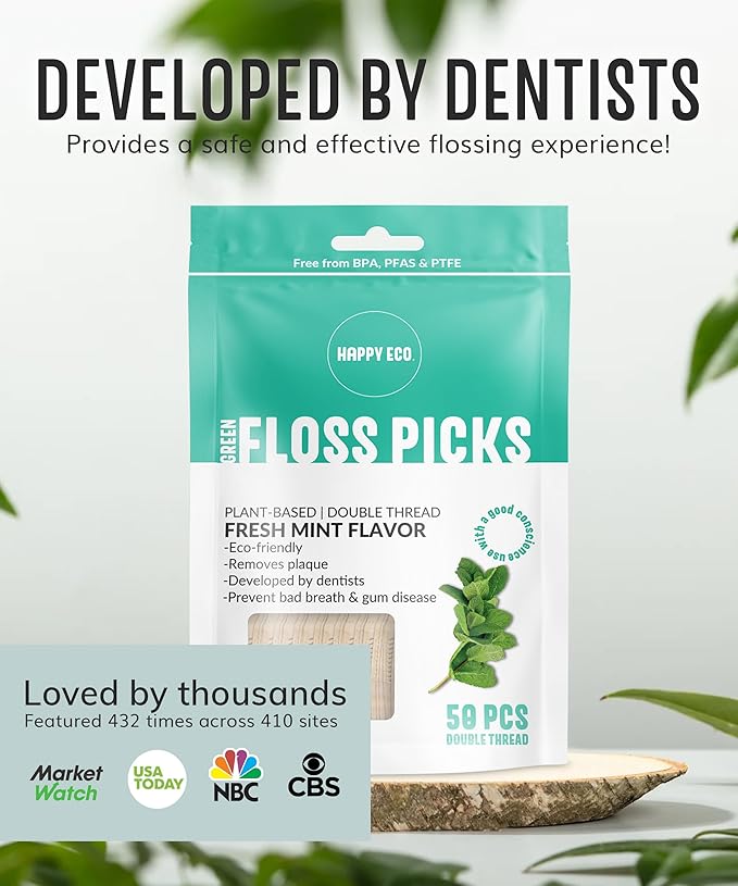 Dental Floss Picks (100pcs) - Flossers for Adults, Vegan Corn-Straw Handle, Superior Oral Care & Anti-Shred Thread, Dental Hygiene, Tooth Pick Sticks, Teeth & Gum Health (Mint, Double Thread)
