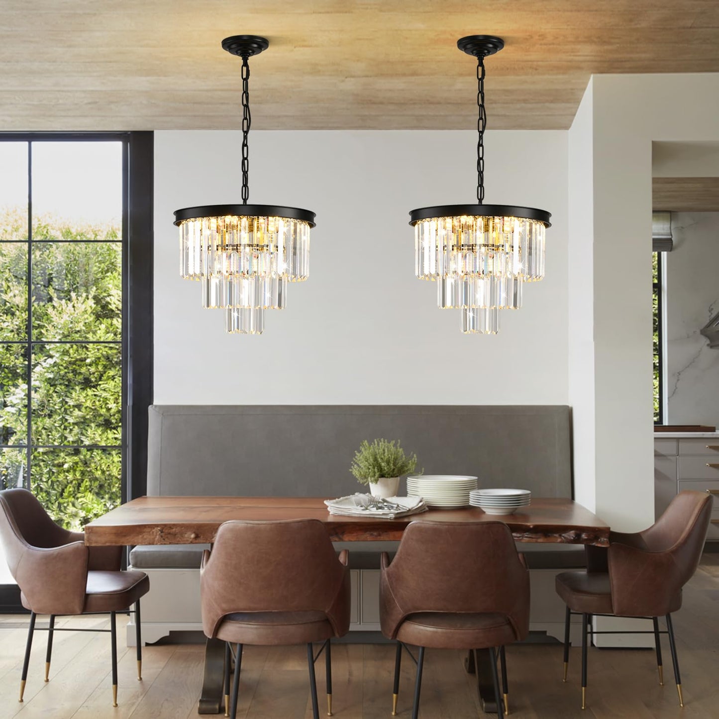 AKDXIRUN Modern Black Crystal Chandelier 3-Tier Round Chandeliers Pendant Ceiling Light Fixture Flush Mount for Dining Room Living Room Bedroom Foyer Hallway Entryway W16