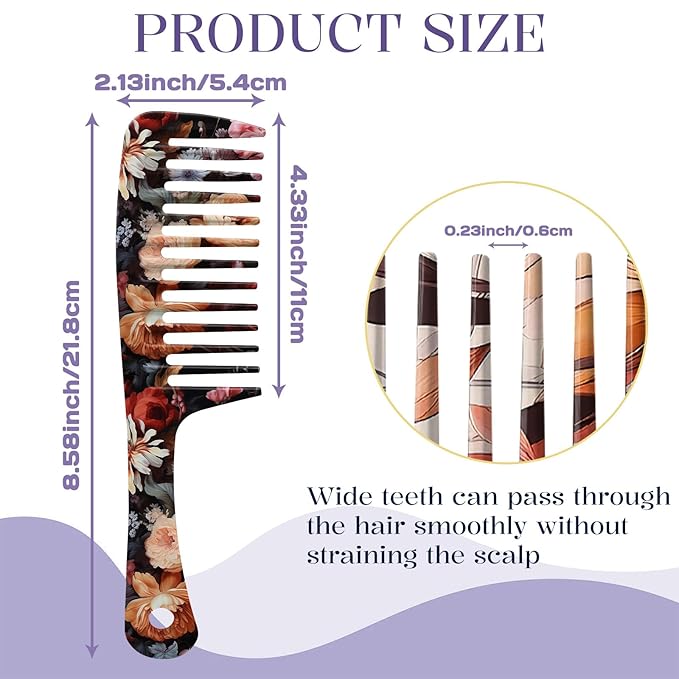 2PCS Wide Tooth Comb,Effortless Tangle Removal for Long Hair Styling Comb for Curly,Wet,Cute Aesthetic Design for Women Men and Girls(Black-Flowers-08)
