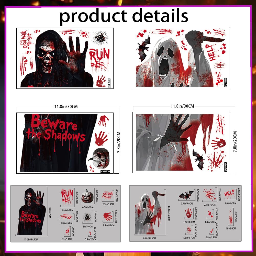 Halloween Window Clings Decorations - Scary Ghost & Death Stickers Scary Halloween Party Blood Stickers Decor for Home Classroom Windows Indoor/Outdoor Use - 8 Sheets
